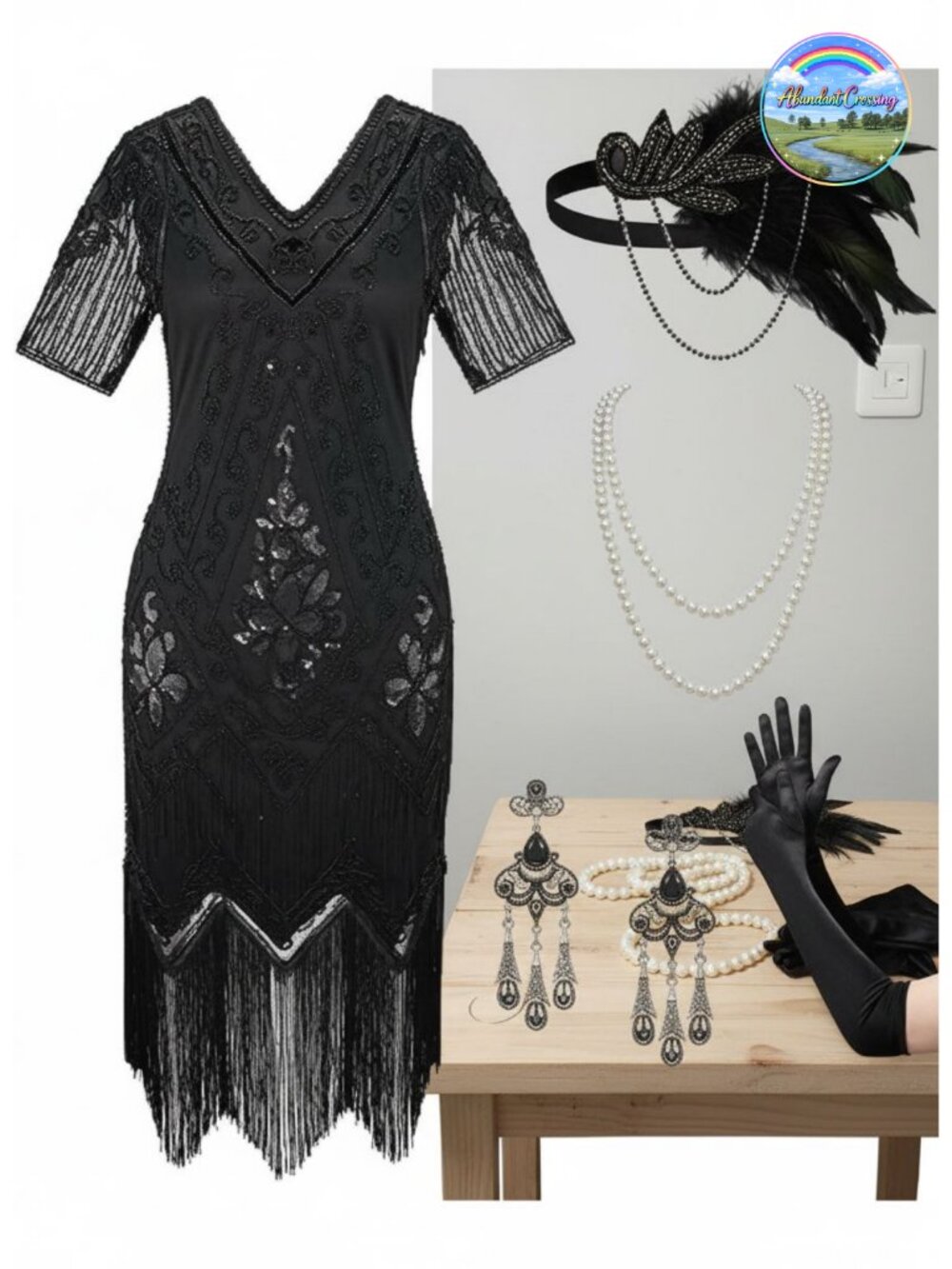 Flapper Dress Set 1920s Gatsby Costume Sequin Fringe with Accessories